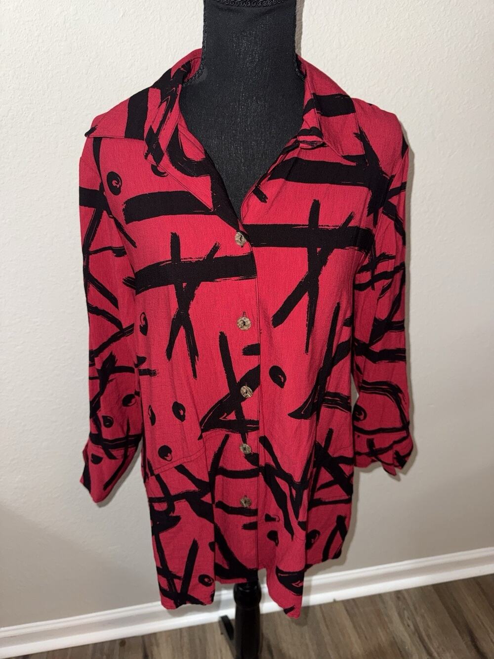 Ali Miles Artsy Tunic Blouse M Red Abstract Print Button Front Top Lagenlook
